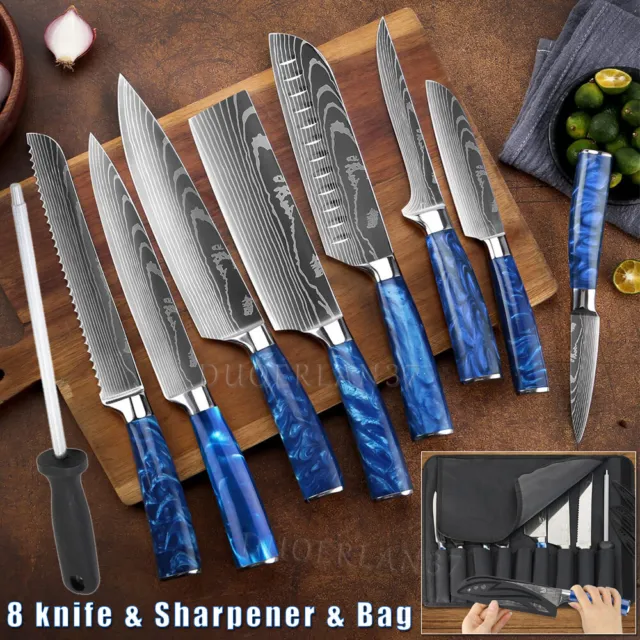 10 Pcs Kitchen Knife Set Laser Stainless Steel Chef's Knives w/Sharpener and Bag