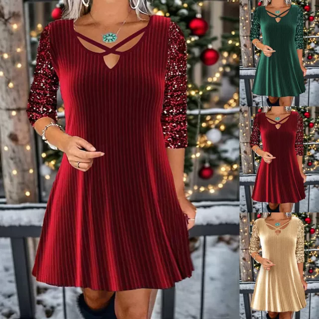 Christmas Womens Sequin Long Sleeve Mini Dress Ladies Xmas V-Neck Party Dresses