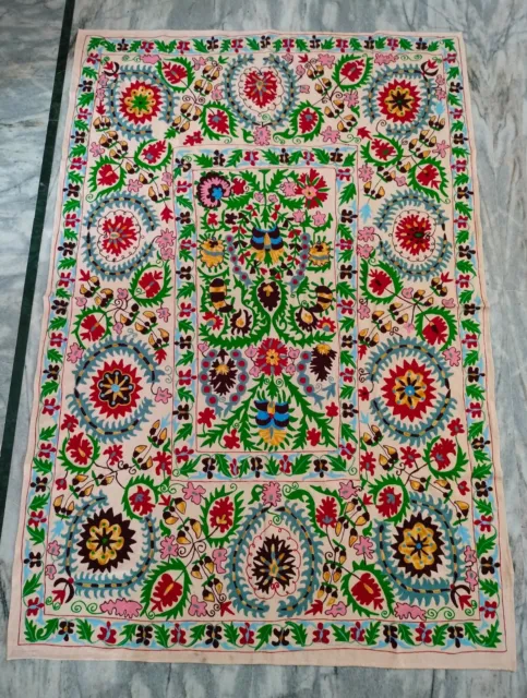 Hand Embroidered Uzbek Suzani Vintage Embroidery Throw Blanket Cotton Bedspread