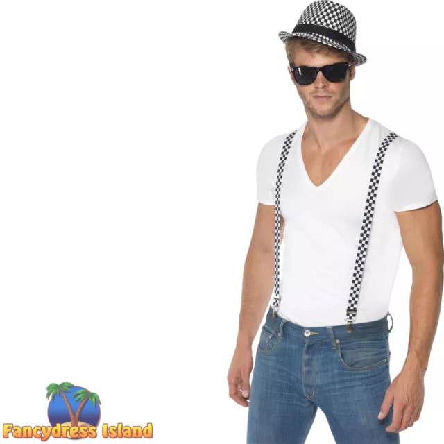 ADULT SKA TWO Tone Fancy Dress Trilby Hat Braces Checkered by