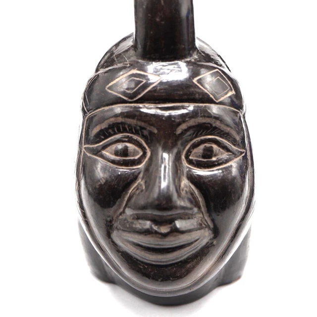 Stirrup Handle Art Pottery Vessel Moche Portrait Head Effigy Face Jug Black Slip