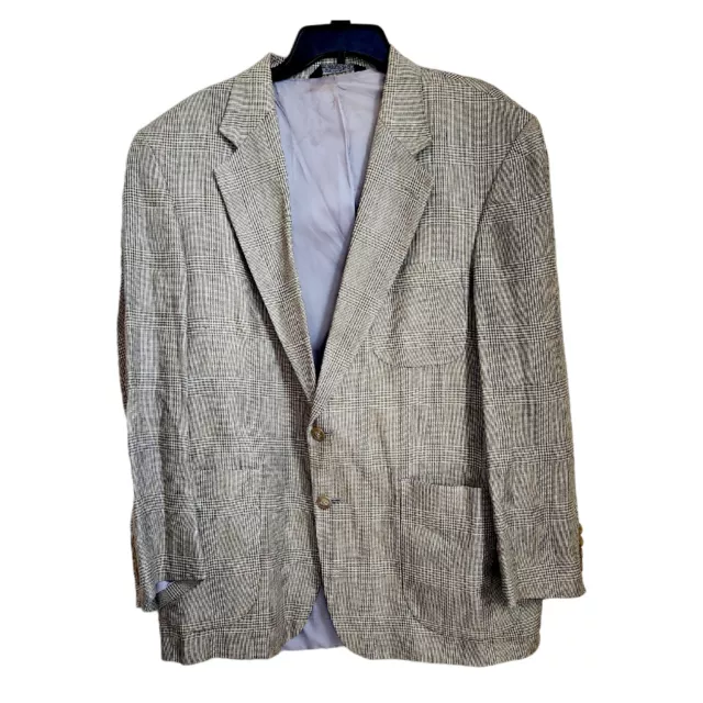Lands End 100% Linen Mens 42R Sports Coat Plaid Jacket Blazer 2 Button Beige