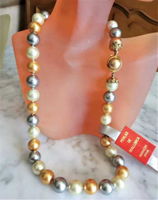 Multi-Color Majorca/Mallorca Pearl Necklace Gray/White/Gold 12Mm Gold Fill Clasp