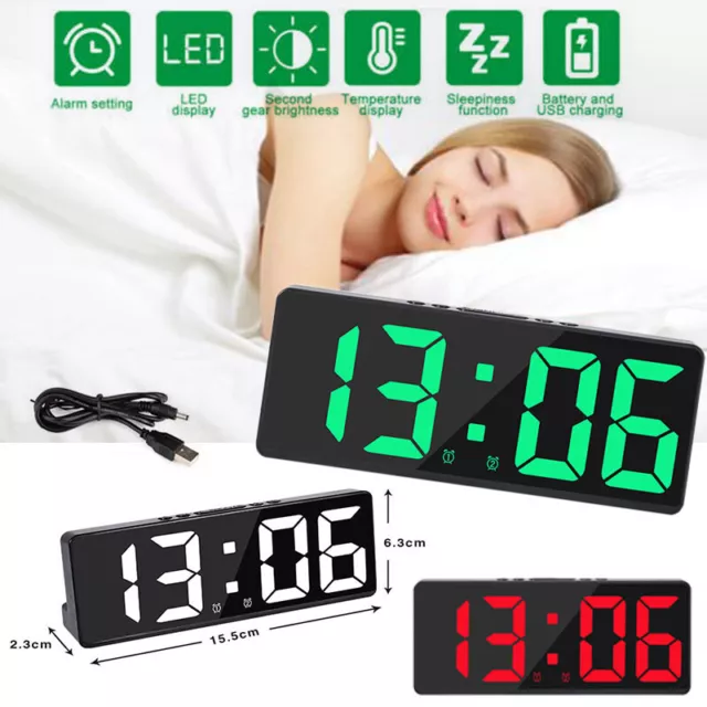 Alarm Snooze Clock Thermometer Digital LED Display USB/Battery Operated Mirror