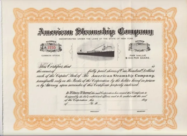 American Steamship Company Stock Certificate New York