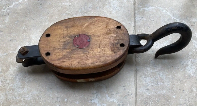 Block & Tackle Pulley Antique Anvil Western Large 19" Long Nautical Wood Iron