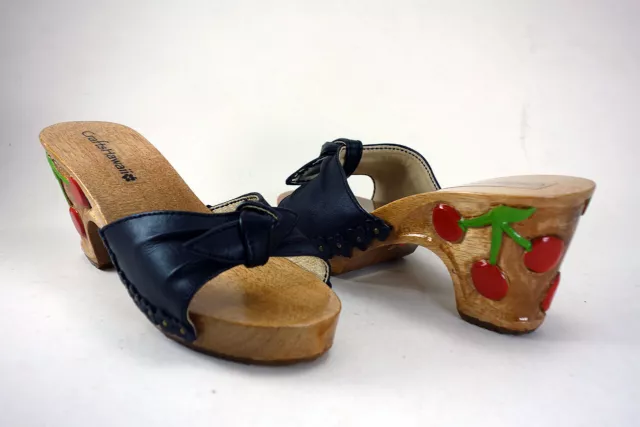 Size 5, 3 inch Hand Carved Wooden Cherry Sandals with Black Leather Straps, Reg.