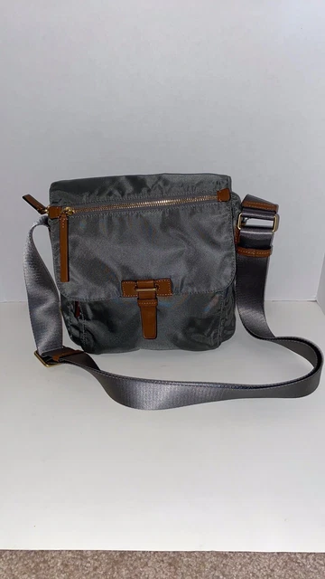 Tumi Grey Nylon Crossbody Shoulder Bag Travel Flap Purse Tan Lining