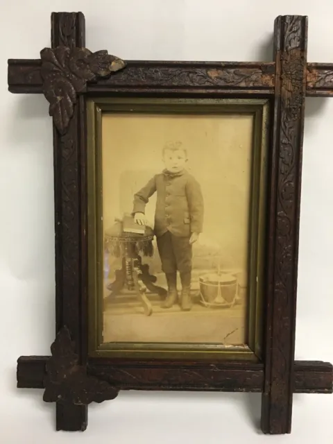 19th Century Cabinet Photograph, Boy With Drum And Book, Original Wood Frame