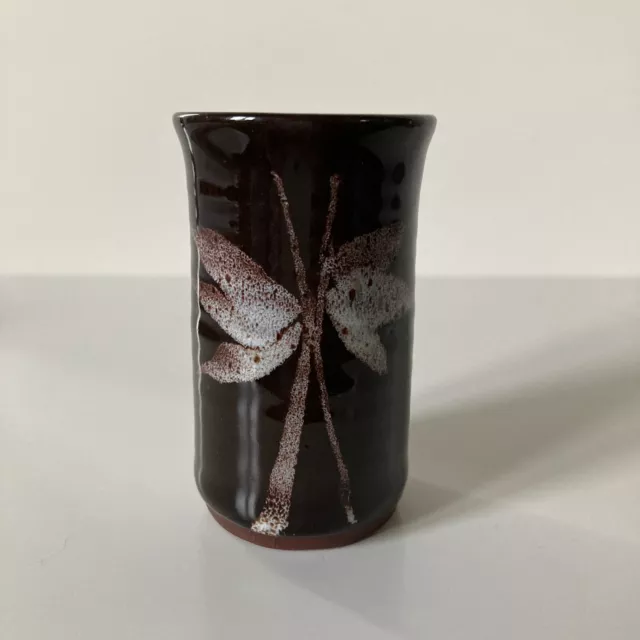 Tenby Welsh Studio Pottery Small Vase Pot 7cm Brown With White Flower Design 3