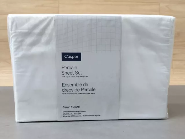 Casper Percale Queen Sheet Set White 100% Organic Cotton 300 Thread Count