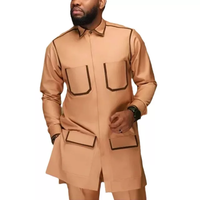 African Ethnic Style Solid Color Mens Casual Suit 2pcs Coats+pants Casual Jacket
