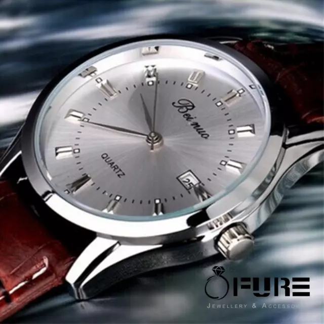 Vintage Stainless Steel Calendar Dial Leather Men's Business Quartz Wrist Watch