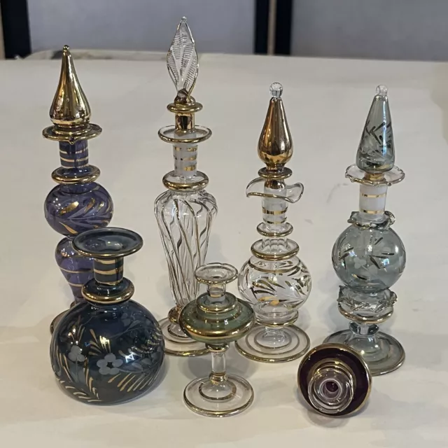 Set Of 6 Vintage Egyptian Perfume Bottles With Stopper Hand Blown Purple Aqua