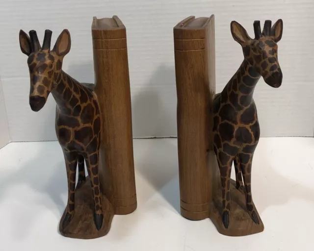 Vintage Hand Carved Pair Wooden Giraffe Wood Book Ends African Tribal Library