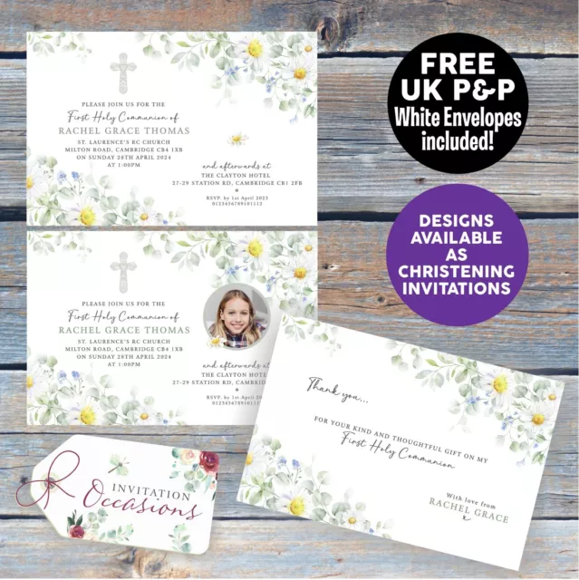DAISY FLORAL FIRST HOLY COMMUNION OR CHRISTENING INVITATIONS x 5