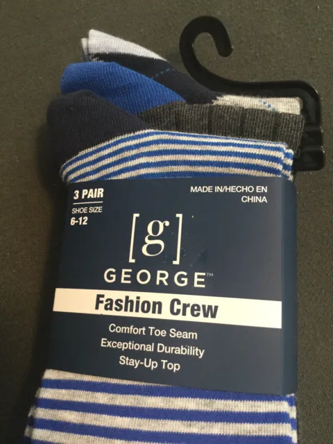George Mens Blue & Gray  Fashion Crew Dress Socks 3 Pair Shoe Size 6-12 NWT