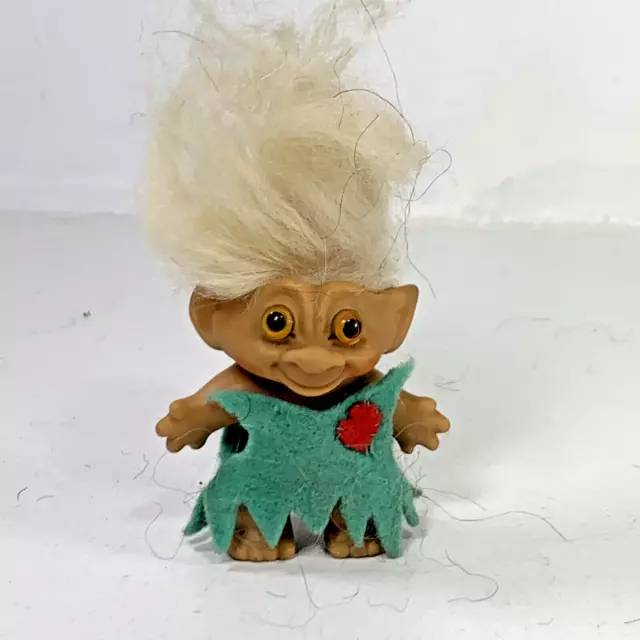 VTG 1960 3" Original DAM Troll Doll w/ Amber Glass Eyes in Felt Heart Dress RARE