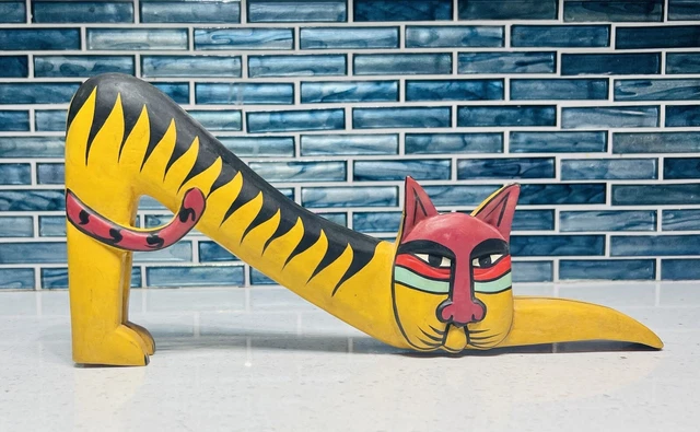 Laurel Burch Carved Wooden Cat Stretching Handpainted Sculpture Folk Art Decor