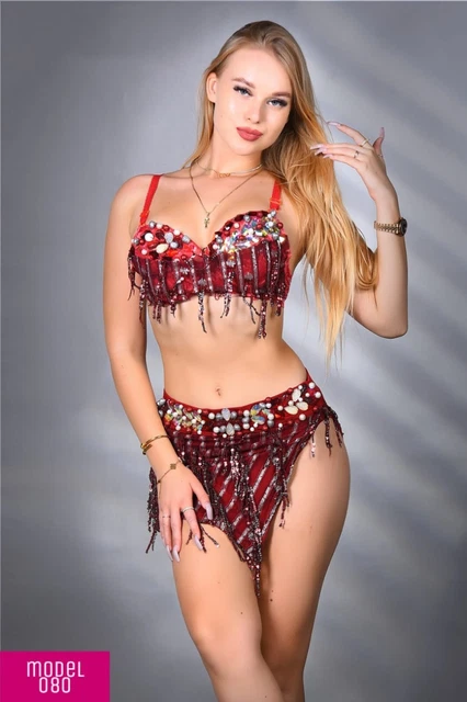 Handmade Sexy Belly Dance Costume Sparkling Bra& Mini Skirt Red Dancing Dress