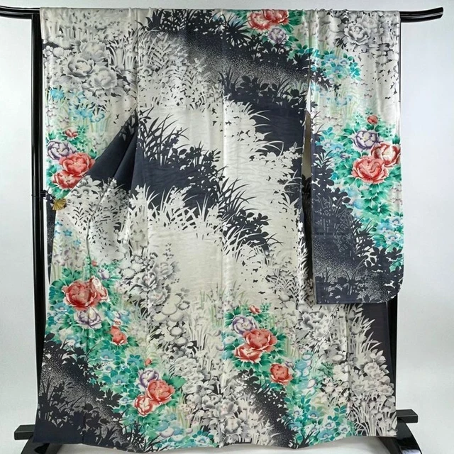 Japanese Kimono Furisode Pure Silk Lined Peony Camellia Embroidery Dyed Formal