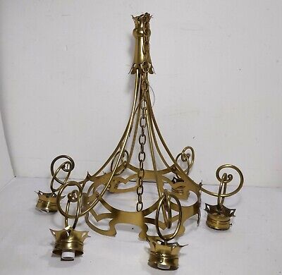 Vintage Brass Crown Chandelier Hanging Light Empire Arts Crafts Gothic Brutalist