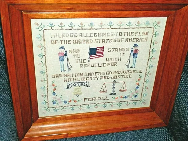 "PLEDGE of ALLEGIANCE" Completed Cross-Stitched/Embroidered Framed WALL HANGING