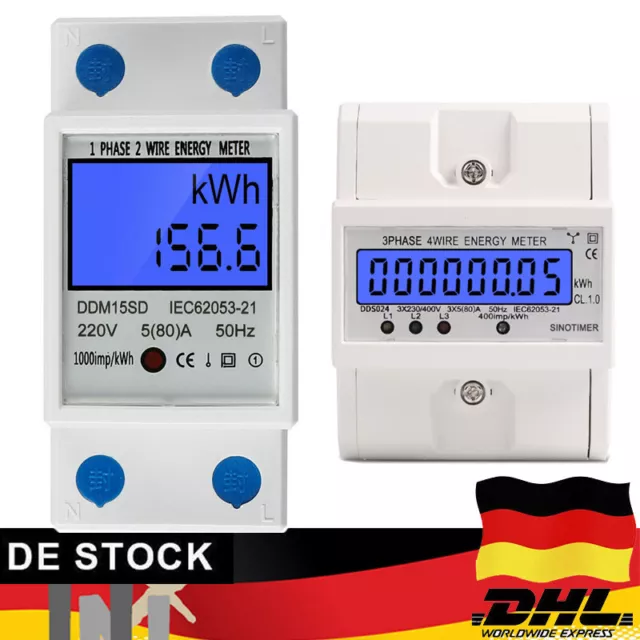 Stromzähler Drehstromzähler DIN Hutschiene AC 80A LCD Kalibriert 3-P4/1-P2 230V