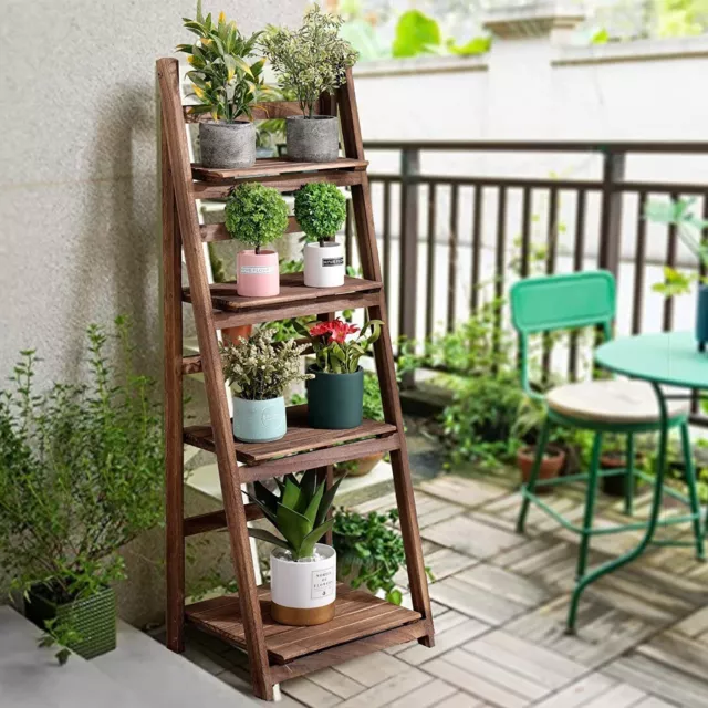 Vintage Wooden Ladder Flower Plant Stand Foldable 4 Tier Display Rack Bookshelf