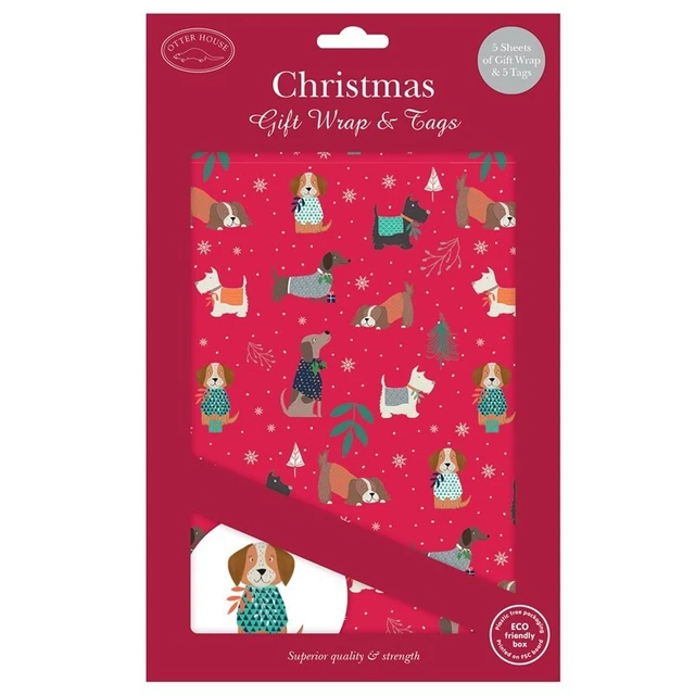 CONFEZIONE REGALO/CARTA CANI IN JUMPERS FESTA ROSSO NATALE | 5 fogli ed etichette