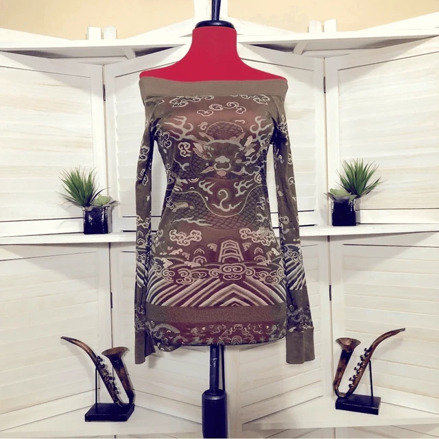 DKNY Jeans sheer hunter green woods scenery off shoulder long sleeves tunic sz S