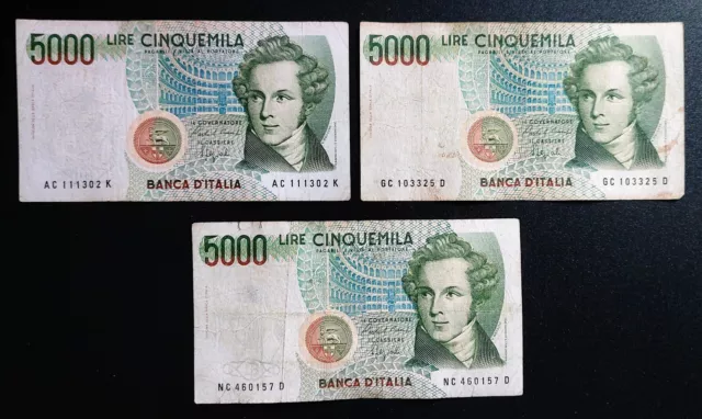 Banknote Italien, 3x 5000 Lira 1985. Zustand III- Umlaufscheine
