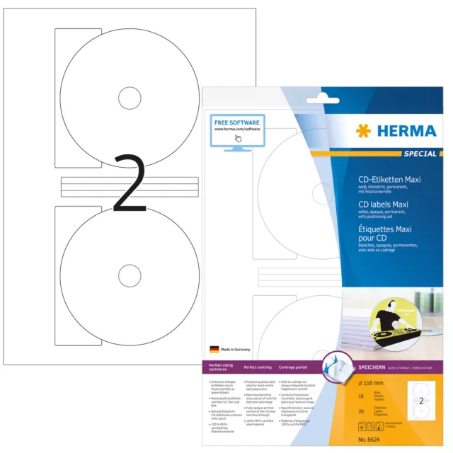 CD Labels Maxi A4, 116mm, White Opaque, Permanent Adhesion (20 labels / 10 sheet