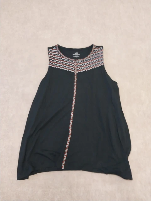J Jill Womens Large Black Sleeveless Embroidered Dipped Hem Knit Tank Top