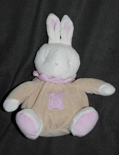 Peluche Doudou Lapin Beige Col Rose KLORANE Boule + Oreilles Blanc  25 Cm TTBE