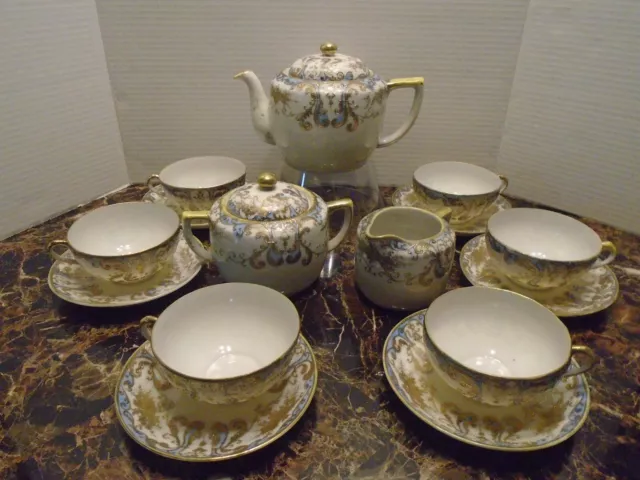 Vintage Shofu Bone China 15 pc, Tea Set Gold 3D Rim. Blue on White Edge Japan