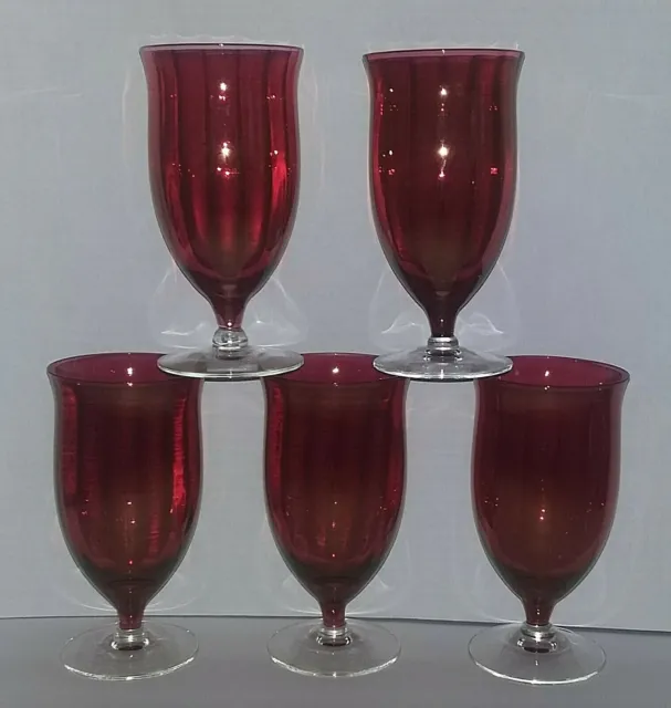 5 Vtg Morgantown Red/Ruby 16 Paneled Clear Footed Handblown Iced Tea Glasses