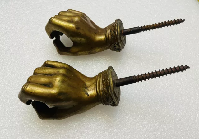 (2) Vintage Brass Heavy Decorative Hand Pulls Decor Screws MADE IN ITALY