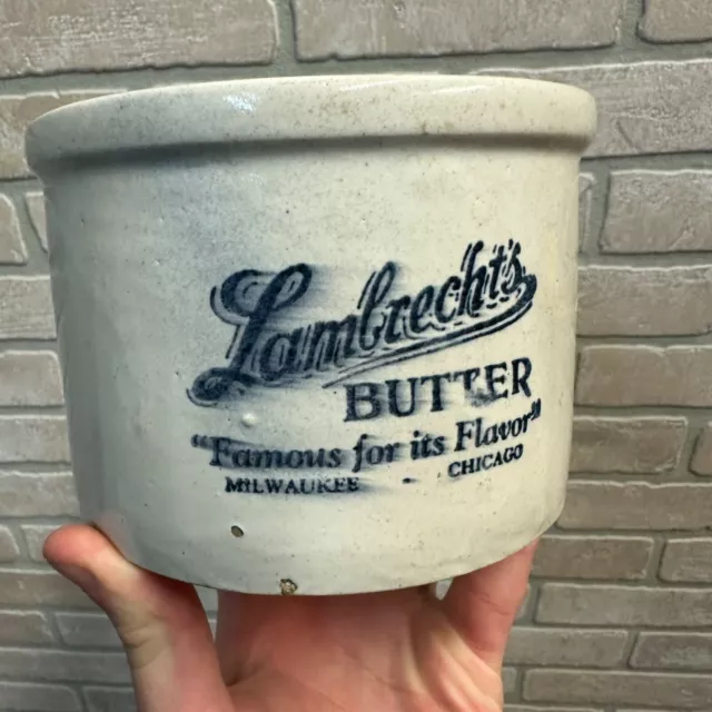Vintage Lambrecht's Dairy Butter Stoneware Pottery Crock Chicago Milwaukee 2