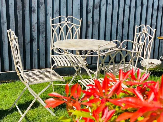 Folding Cream Four Seater Metal Bistro Garden Table And Chairs Set