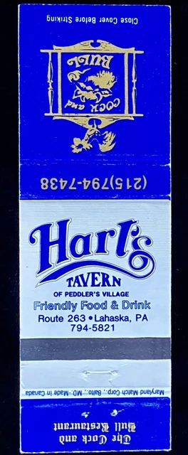 HART’S Tavern Lahaska PA COCK And Bull Vintage Matchbook Cover Blue B-0256
