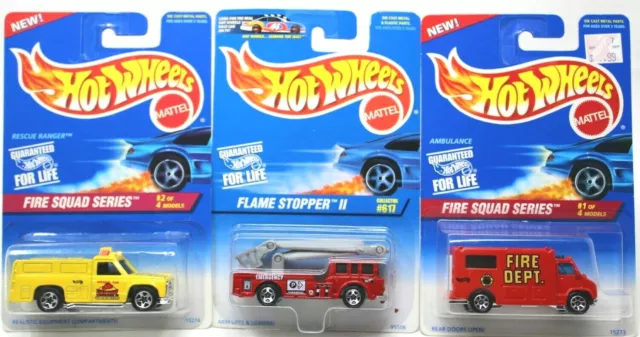 3 Hot Wheels Fire Squad #424 1/4, #425 2/4, Flame Stopper II #617 Lot NEW #D21