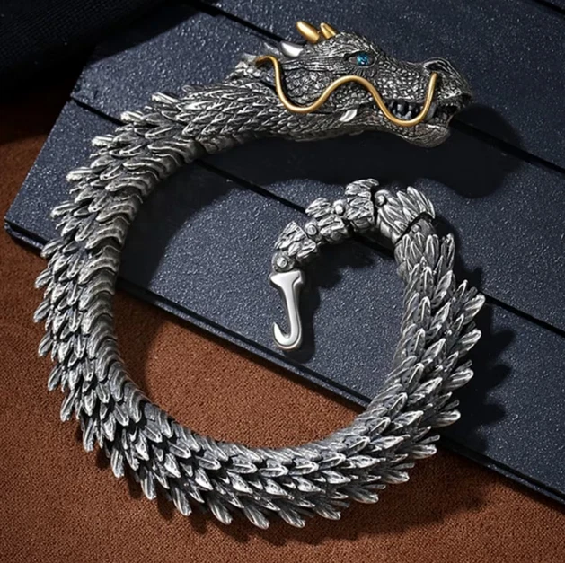 Features a Old Dragon Carved From 935 Argentium Silver Men's Stylish Bracelets