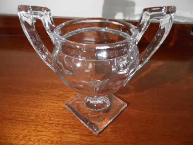 Vintage Pressed Art Deco Glass Footed Urn Shape Handled footed Sugar Jam Bowl