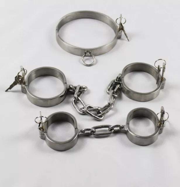 Stainless Steel Bondage Set Neck Collar Handcuff Ankle Cuffs Shackle Chain Slave