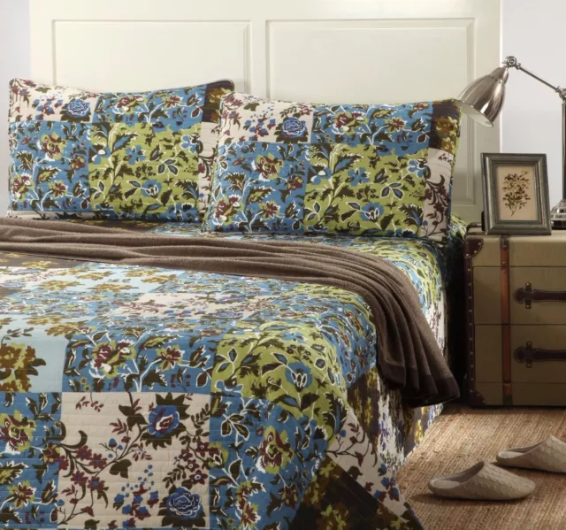 Cotton Blue Brown Green Floral Cabin Cottage Patchwork Coverlet Bedspread Set