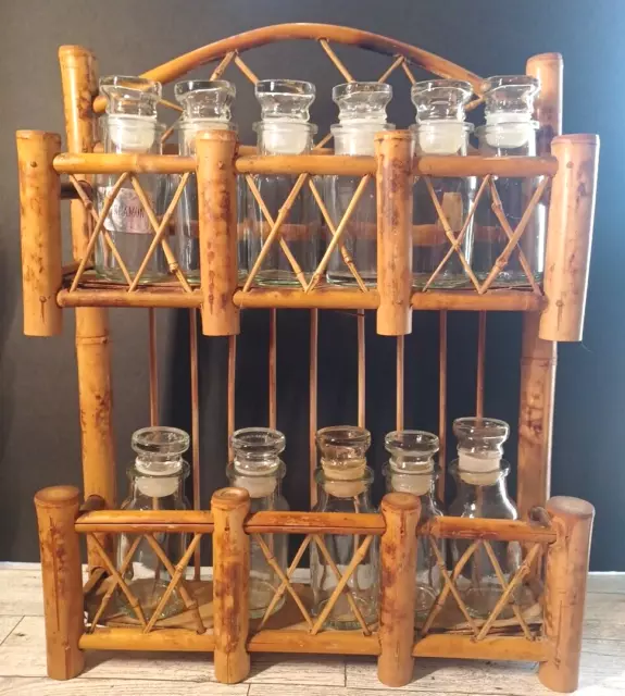 Vintage MCM Wicker Apothecary Spice Rack 8 Glass Jars Bamboo Tiki 13 x 12