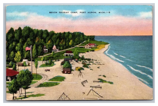 Port Huron Michigan MI Beach Tourist Camp Lake Aerial View Linen Unp Postcard