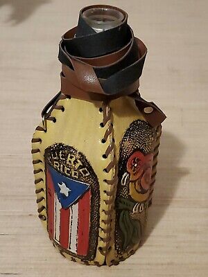 Botella de Vidrio (Caneka) Envuelta en Cuero con Diseño de Puerto Rico PR Bandera Loro