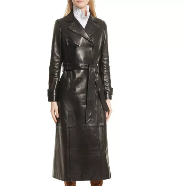 Black Leather Trench Coat Women's Genuine Lambskin Long Overcoat Winter Jacket